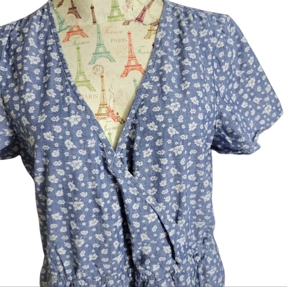 J.Crew Mercantile Sz M Blue Floral Faux Wrap Ruffle Cottage Core Mini Dress - Picture 8 of 13
